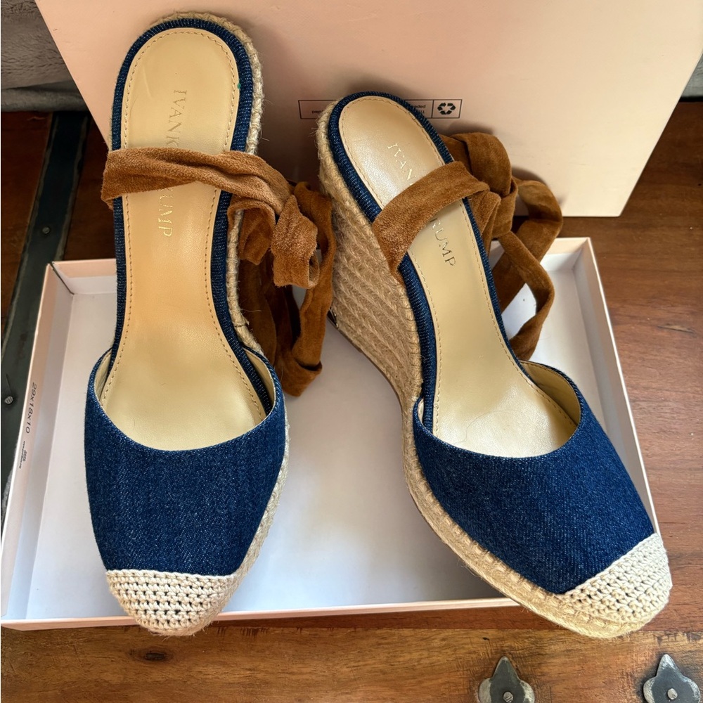 Ivanka Trump Denim and Cream Espadrille Wedges